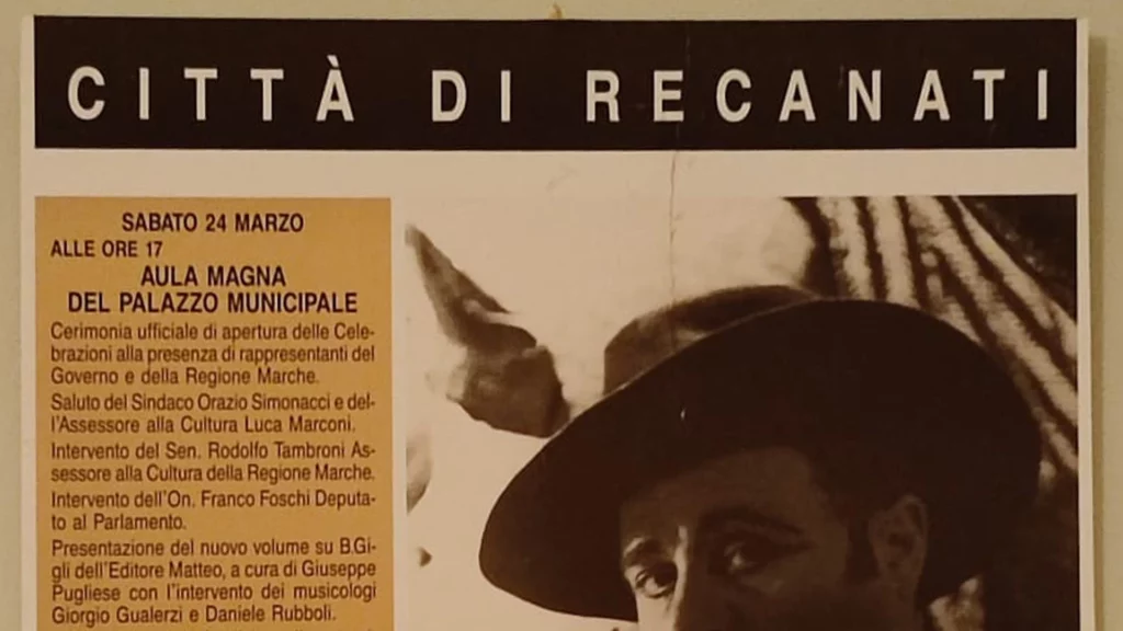 Locandina con testo Città di Recanati e foto di scena di Beniamino Gigli